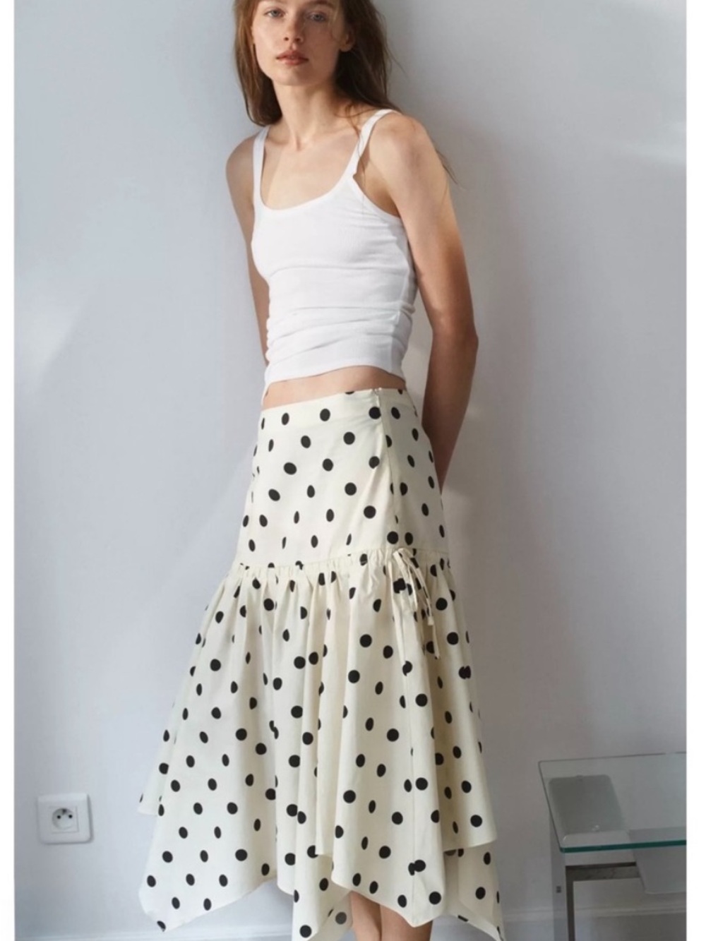 Zara Asymmetric Polka Dot Midi Skirt Cream & Black Medium